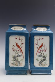A Pair of Chinese Square Blue Glazed Famille Rose Porcelain Vases