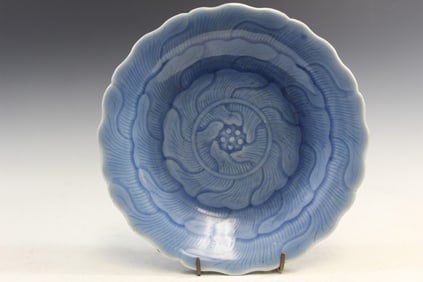 Chinese Blue Glazed Lotus Flower Shaped Porcelain Dish