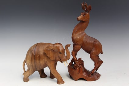Two Chinese Carved Wood Animal Statues