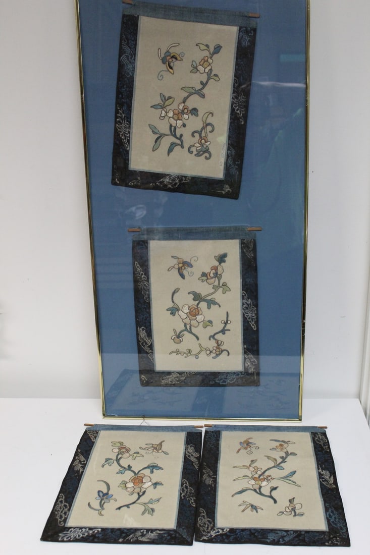Four Chinese Embroidery Pieces: Four Chinese Embroidery Pieces. 24x32 cm each, frame 41x89 cm