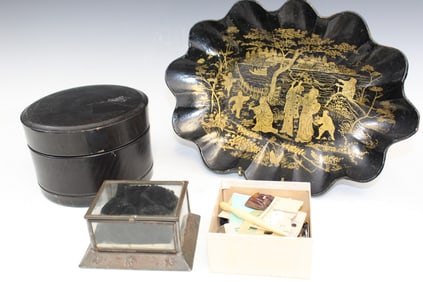 Black Lacquer Box, Lacquer Tray, Glass Box and Buttons
