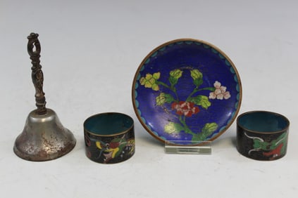 Chinese Cloisonne Napkin Rings, Small Dish and a Bell