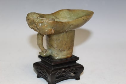 Chinese Yellow Celadon Jade Libation Cup on Wood Stand