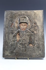 St Nicholas. Russian Silver Painted Icon.