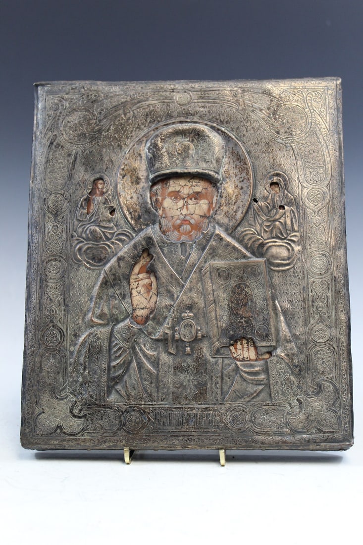 St Nicholas. Russian Silver Painted Icon. (1 of 9)
