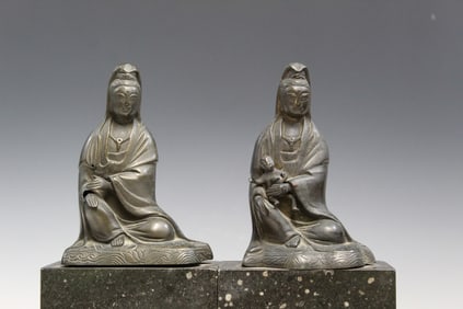 Two Chinese Bronze Statues of Guanyin Bookends.