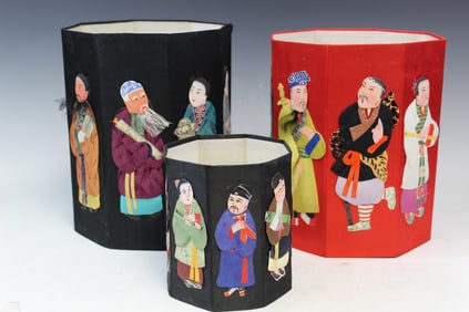 Three Chinese Silk and Paper Baskets.