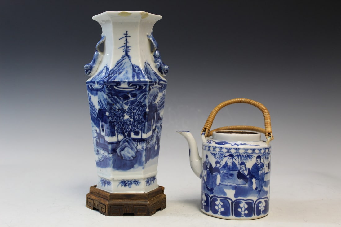 A Chinese Blue and White Vase and A Teapot: A Chinese Blue and White Vase and A Teapot. Vase H 23 cm. As Is.