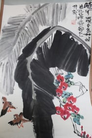Banana Leaves and Sparrows, Chinese Ink and Watercolor Painting Scroll.