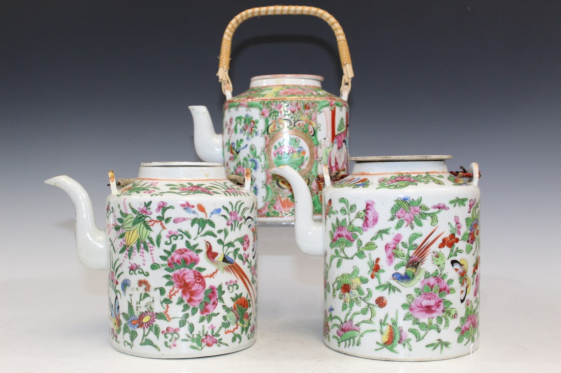 Three Chinese Famille Rose Porcelain Teapot: Three Chinese Famille Rose Porcelain Teapot. H 16 cm. As Is.