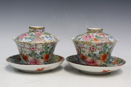 Pair of Chinese Hundred-flower Famille Rose Porcelain Tea Cups