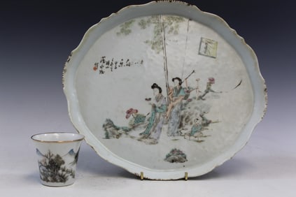 Chinese Famille Rose Porcelain Tea Tray and Wine Cup