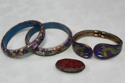 Pair of Chinese cloisonne bangles, and one enameled bangle