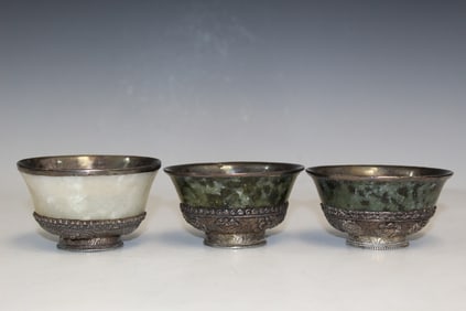 Three Tibetan Jade Cups with Silver Mounting.