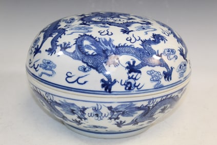 Large Chinese Blue and White Porcelain Box with Dragon Decorations