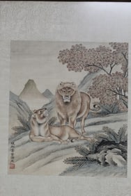 Two Lions, Chang Zenghao (Chinese). Ink and Watercolor Painting on Silk
