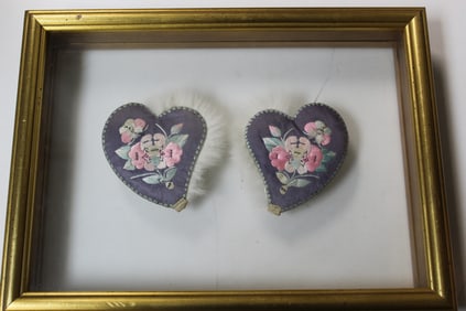 Pair of Chinese Silk Embroidery Ear Muffs, framed.