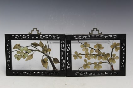 Pair of Chinese Framed Jade Flowers