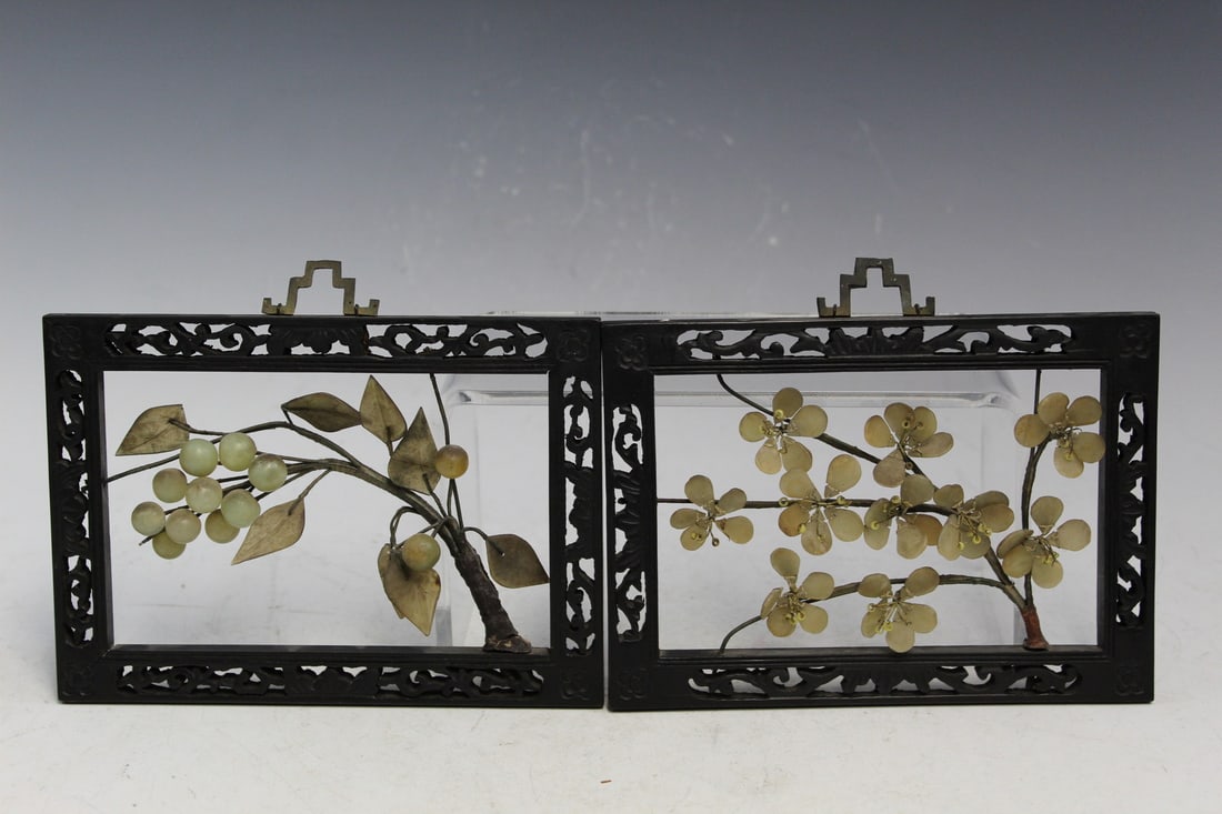 Pair of Chinese Framed Jade Flowers (1 of 3)