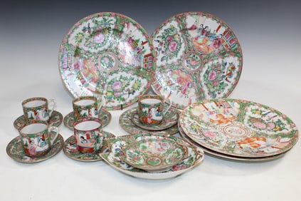 Group of Chinese Rose Medallion Porcelain Dishes and Cups