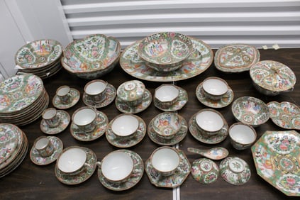 A Large Group of Chinese Rose Medallion Porcelain Dishes, Bowls and Cups