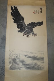Chinese Ink and Watercolor Painting Scroll of an Eagle, Signed.