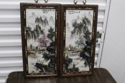 Pair of Chinese Hand Painted Porcelain Wall Panels