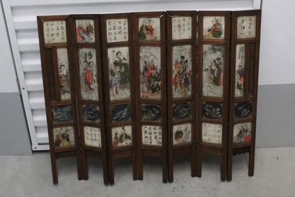Chinese Wood Screen with Painted Marble Panels