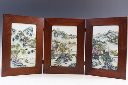 Chinese Famille Rose Porcelain Three Panel Table Screen