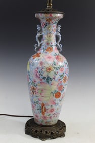 Chinese Famille Rose Hundred-flower Porcelain Vase Lamp