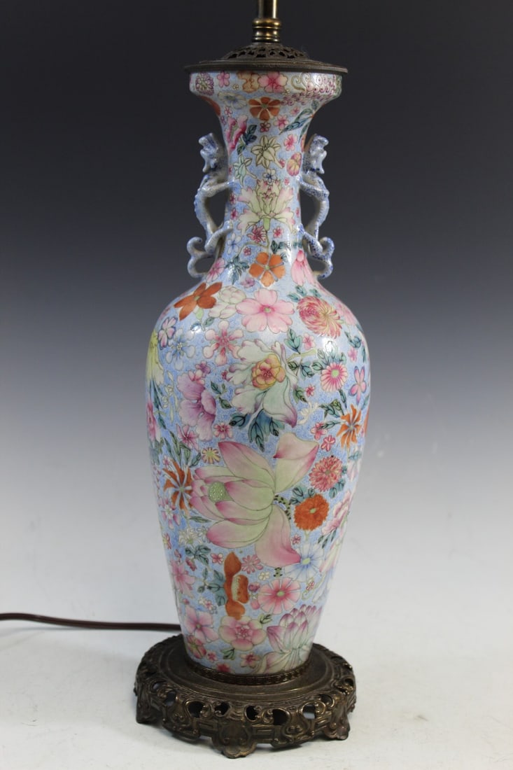 Chinese Famille Rose Hundred-flower Porcelain Vase Lamp (1 of 12)