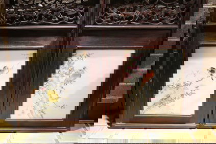 Pair of Chinese Famille Rose Porcelain Plaque Wall Panels of Birds and Flowers.