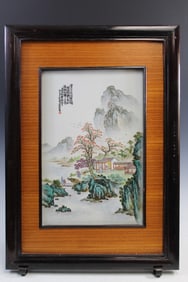 Chinese Famille Rose Porcelain Plaque Wall Panel of River and Mountain Scene.