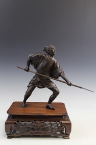 Japanese Bronze Figure of a Warrior on Rosewood Stand