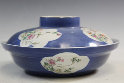 Chinese Powder Blue Background Famille Rose Porcelain Covered Bowl