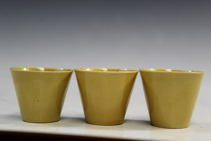 Three Chinese Yellow Glazed Wine Cups with Japanese Kintsugi Repairs.