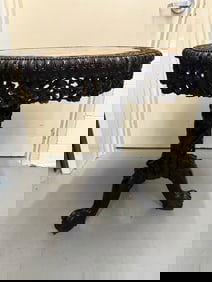 Chinese Carved Wood Round Table with Marble Top