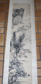 Chinese Ink and Watercolor Painting Scroll of River Scene