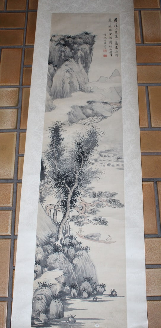 Chinese Ink and Watercolor Painting Scroll of River Scene (1 of 8)