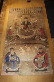 Antique Chinese ink and Watercolor Painting on Paper Scroll of Guanyin and Attendants.