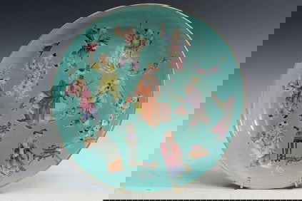 Chinese Turquoise Glazed Famille Rose Porcelain Dish Children at Play