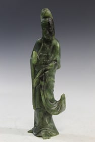 Chinese carved Spinach Jade Guanyin Statue