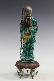 Chinse Glazed Porcelain and Silver Shoulao Figure