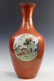Large Chinese Coral Red Glaze Famille Rose Porcelain Vases