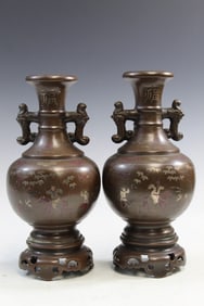 Pair of Chinese Bronze Vase with Silver Inlay.