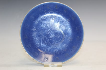 Chinese Cobalt Blue Glazed Porcelain Dish with Gilt Dragon Decoration.
