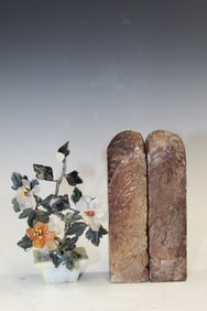 Two Chinese Carved Soapstone Seals and a Miniature Jade Tree