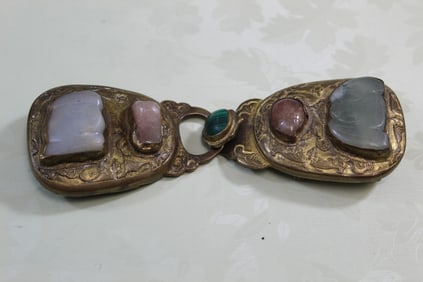 Chinese Gilt Metal Belt Buckle with Jade and Precious Stone Inlay