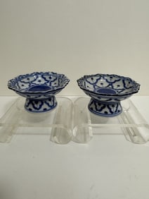 Two footed blue and white porcelain plates