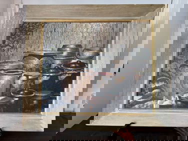 Oil painting still life with jars and pots